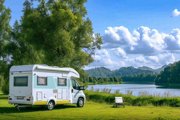 野外露营湖边停着一辆房车，野餐，春游摄影图