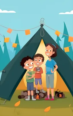 户外野外森林草原露营人们卡通插画背景 户外野外森林草原露营人们卡通插画背景