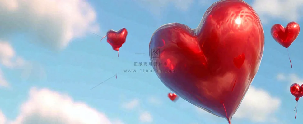 蓝天白云红色爱心气球情人节浪漫爱情摄影图