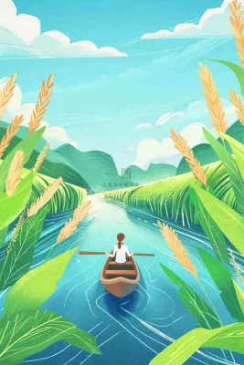 春天小麦田里的河流女孩坐船小麦麦穗小满芒种惊蛰卡通插画背景 春天小麦田里的河流女孩坐船小麦麦穗小满芒种惊蛰卡通插画背景