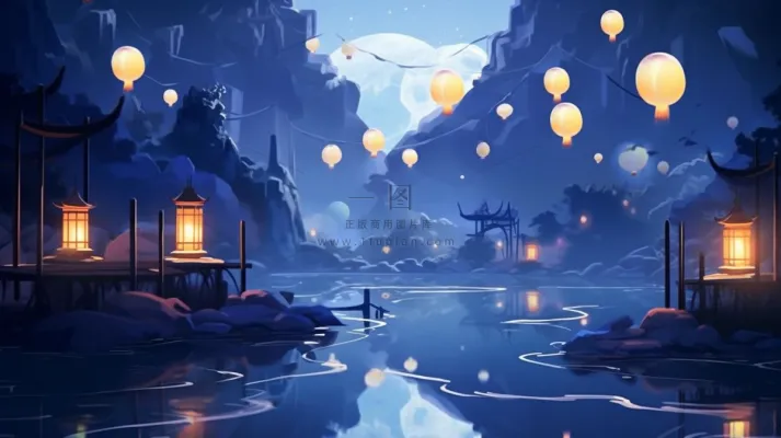 节日灯笼祈福夜晚天水一色蓝色卡通插画插图背景
