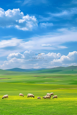 春天草甸草地山坡摄影图