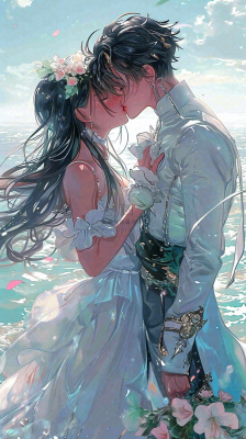 海边阳光沙滩情侣婚纱照爱情甜蜜情人节手绘插画