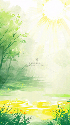 夏日森林丛林阳光绿色河面草丛树木手绘插画，夏至小暑大暑
