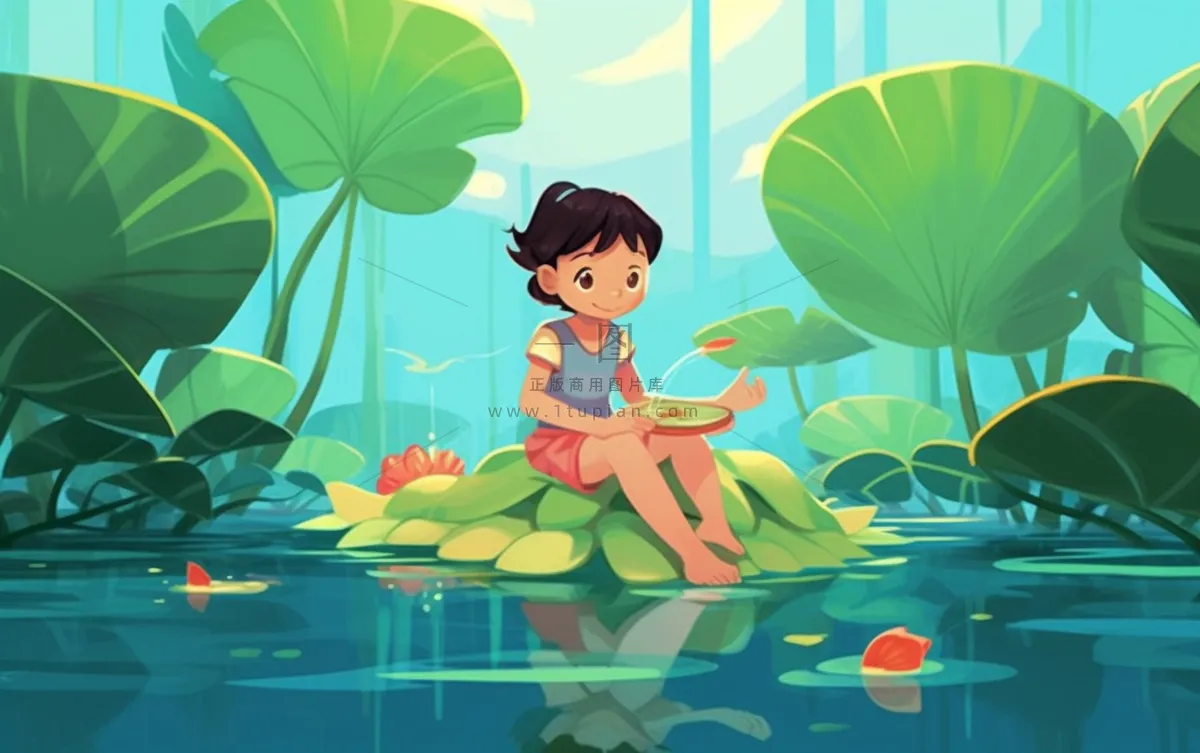 湖泊坐着睡莲上的人碧蓝插画背景