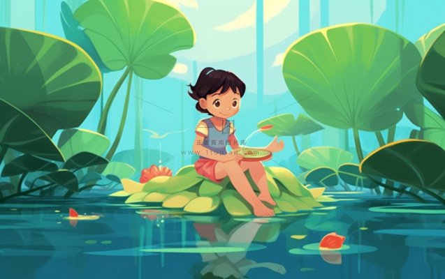 湖泊坐着睡莲上的人碧蓝插画背景 湖泊坐着睡莲上的人碧蓝插画背景