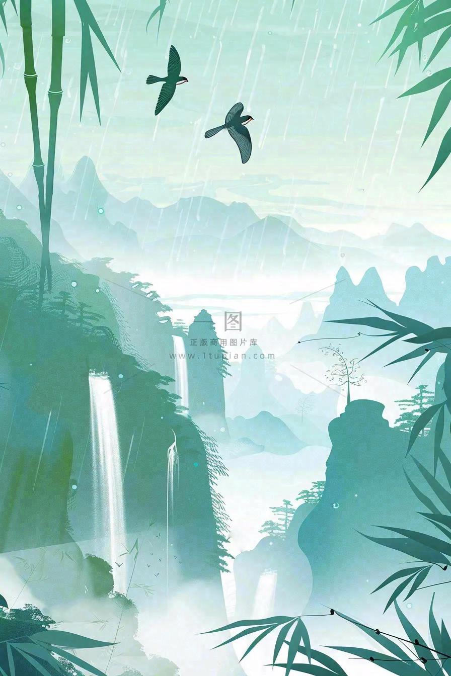 国风山水竹林磅礴山河瀑布大雁雨滴清明端午水墨插画背景