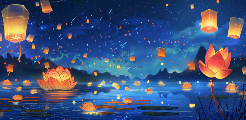 湖面花灯孔明灯风景夜晚荷花灯许愿灯放天灯中国风古风中元节寒衣节插画背景