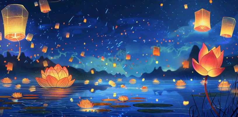 湖面花灯孔明灯风景夜晚荷花灯许愿灯放天灯中国风古风中元节寒衣节插画背景 湖面花灯孔明灯风景夜晚荷花灯许愿灯放天灯中国风古风中元节寒衣节插画背景