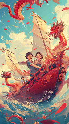 海面上龙船开船手绘插画，孩子人物，蓝天白云古风