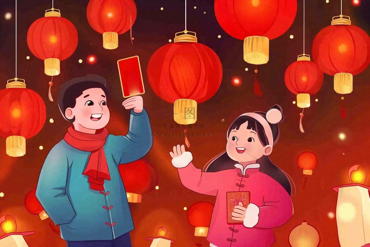 新年春节一家人出游红灯笼红包除夕元宵节红色卡通插画背景
