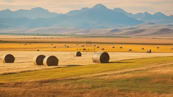 秋天的田地里的堆满了草垛摄影图