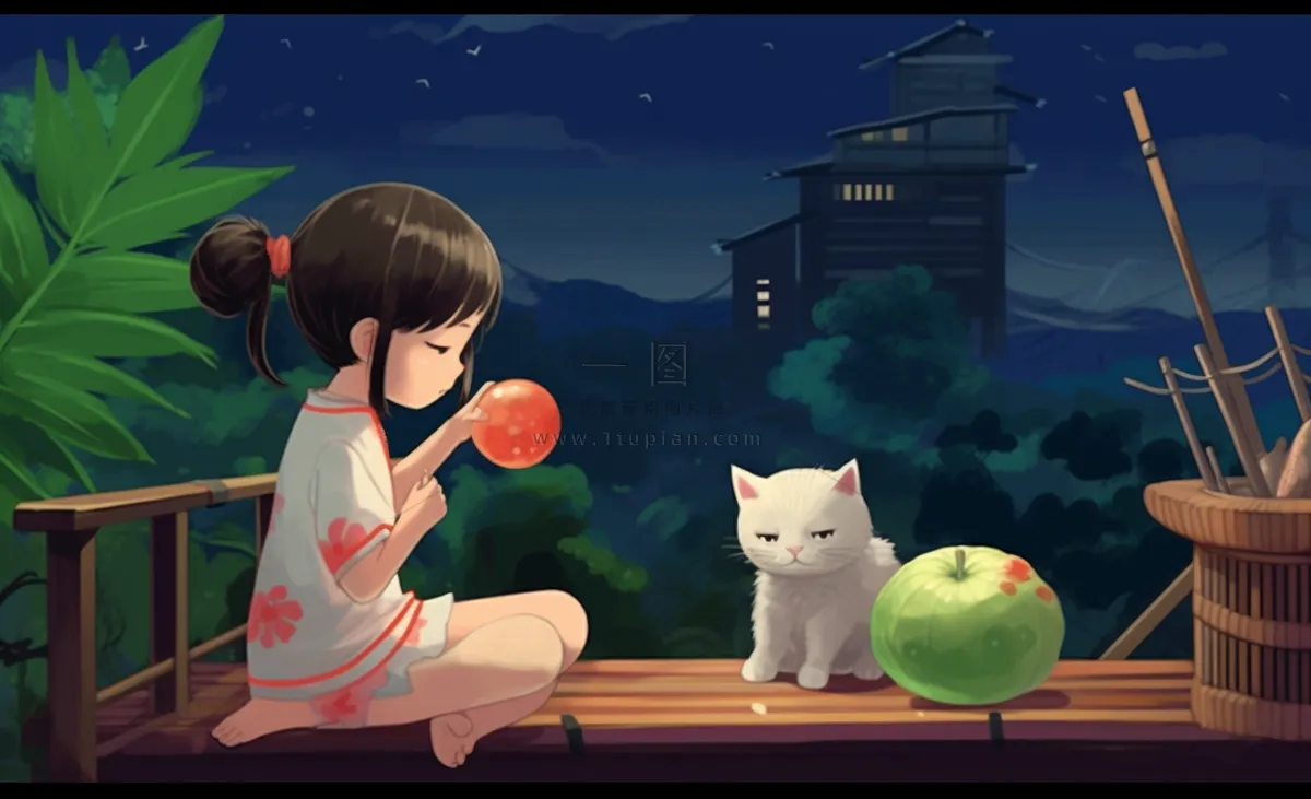 夜晚窗边乘凉水果猫插画背景