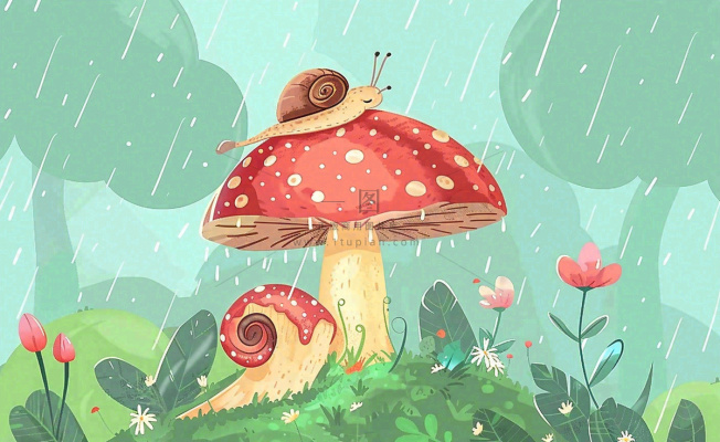 春天雨水蘑菇上的蜗牛森林惊蛰谷雨插画背景