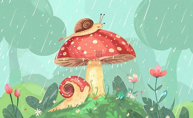 春天雨水蘑菇上的蜗牛森林惊蛰谷雨插画背景 春天雨水蘑菇上的蜗牛森林惊蛰谷雨插画背景