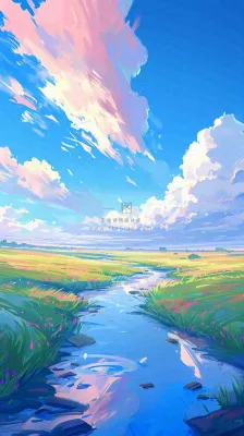 蓝天白云草地溪流春天阳光灿烂的日子春分春风,插画手绘 蓝天白云草地溪流春天阳光灿烂的日子春分春风,插画手绘