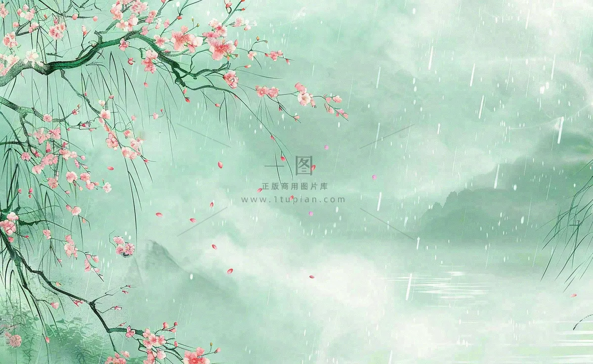 清明节春天桃花柳树燕子山水中国风古风雨水谷雨水墨插画背景