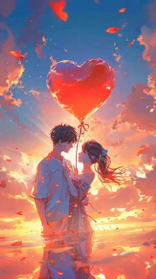 情人节浪漫情人爱心落日蓝天唯美,情侣亲吻爱情,卡通手绘插画 情人节浪漫情人爱心落日蓝天唯美,情侣亲吻爱情,卡通手绘插画