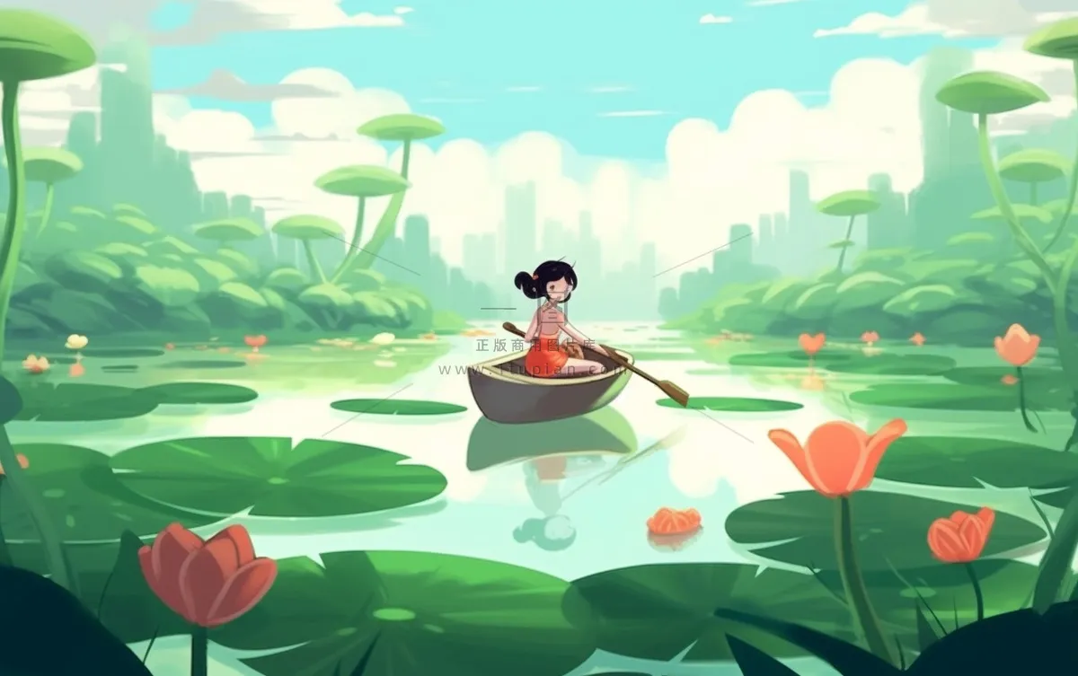 湖泊划船睡莲风光插画背景