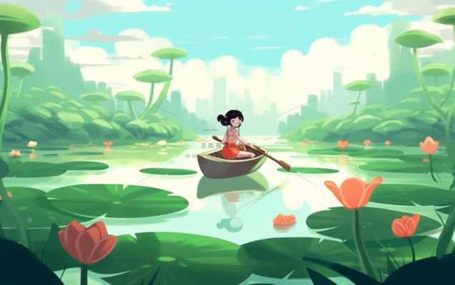 湖泊划船睡莲风光插画背景 湖泊划船睡莲风光插画背景