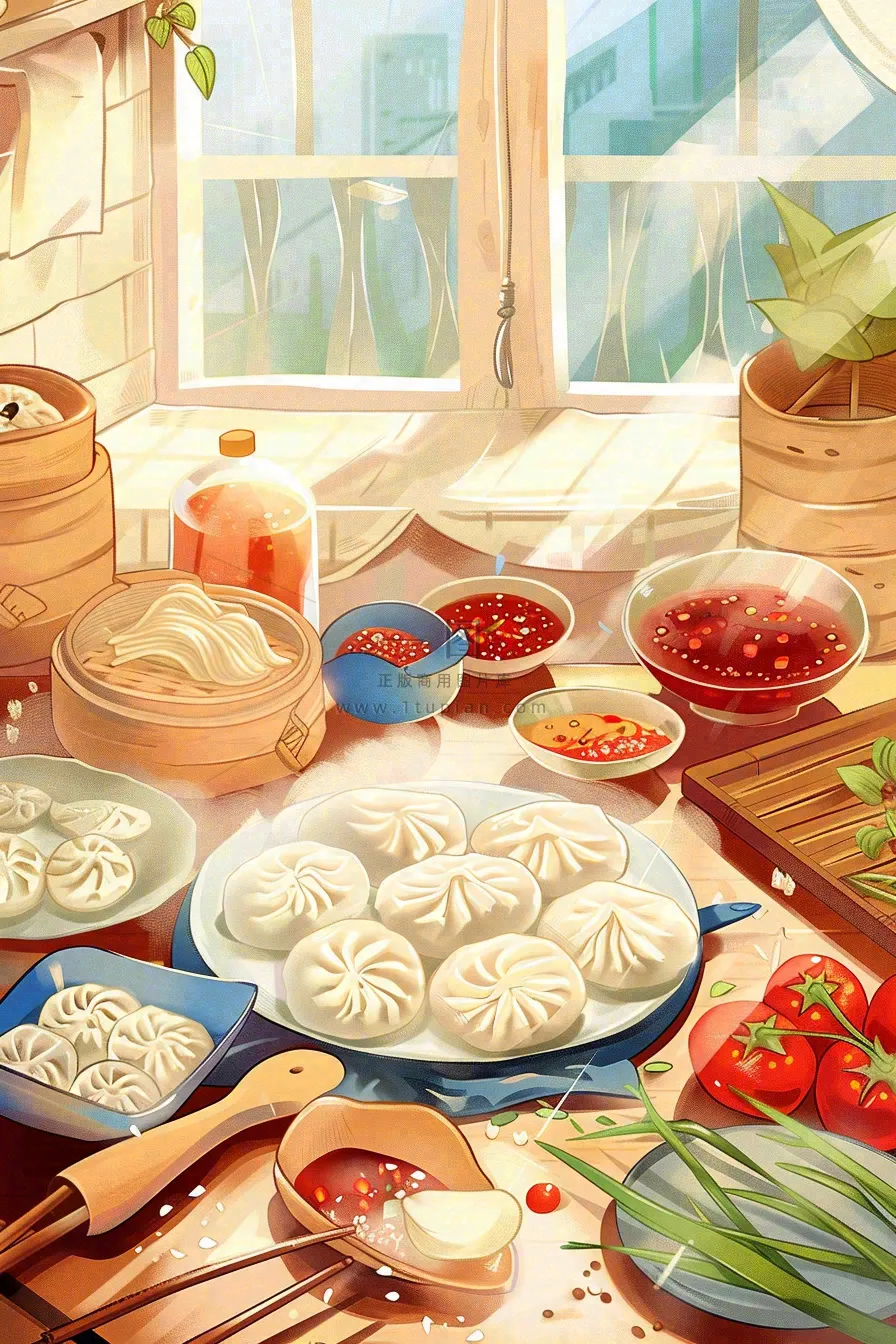 中国传统美食饺子蘸料冬天节日冬至插画背景