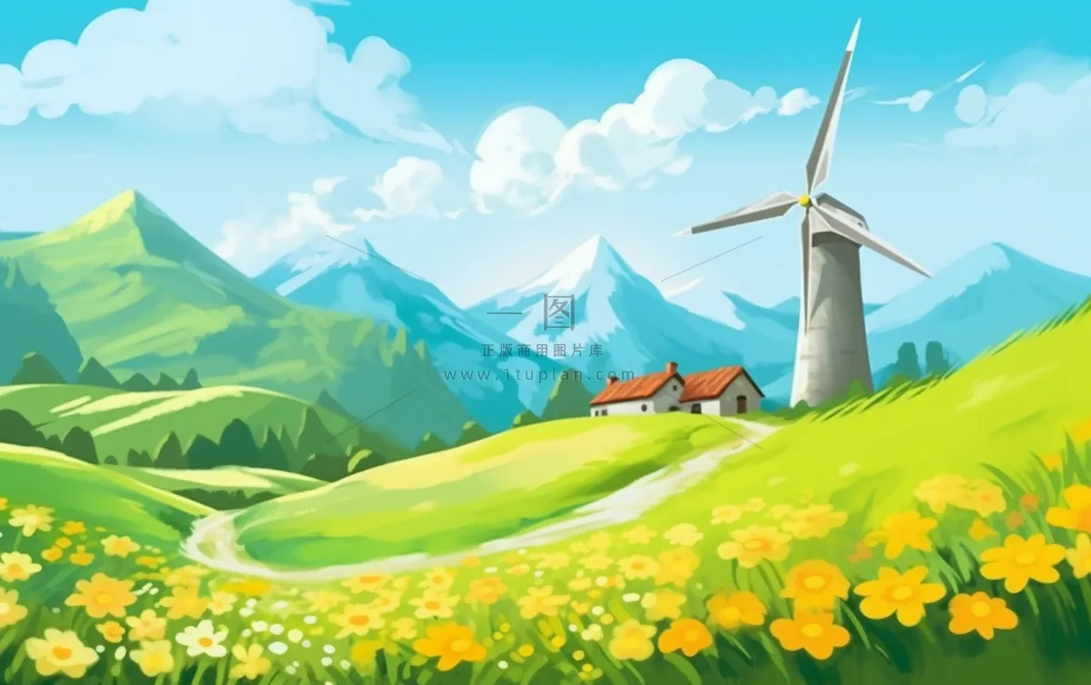 蓝天白云草地小花清新背景