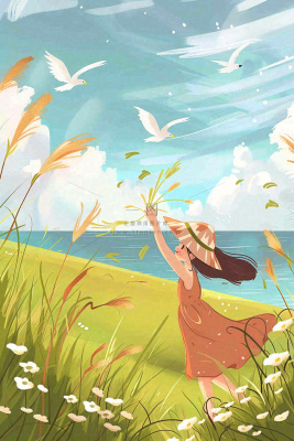 秋天湖边女孩随风舞动芦苇荡白鸽白鹭白露寒露插画背景
