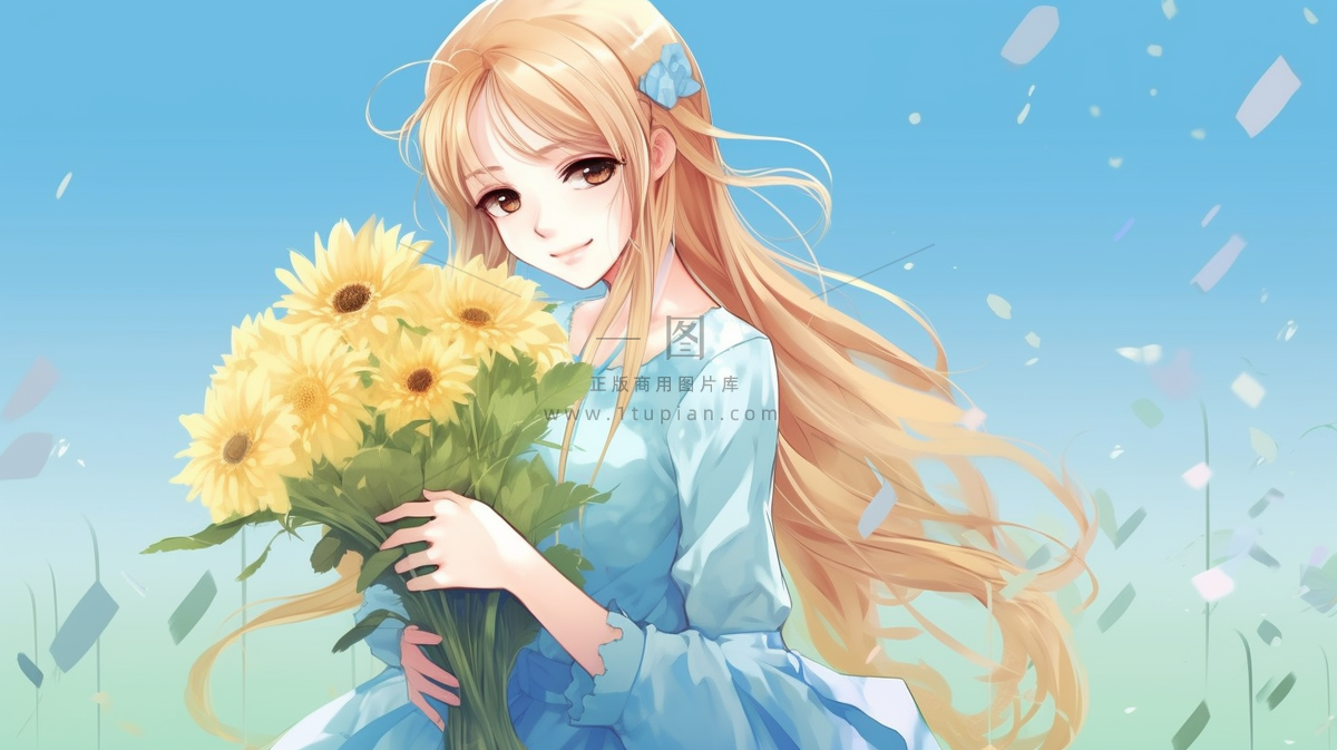 金发少女手捧向日葵花瓣卡通插画素材