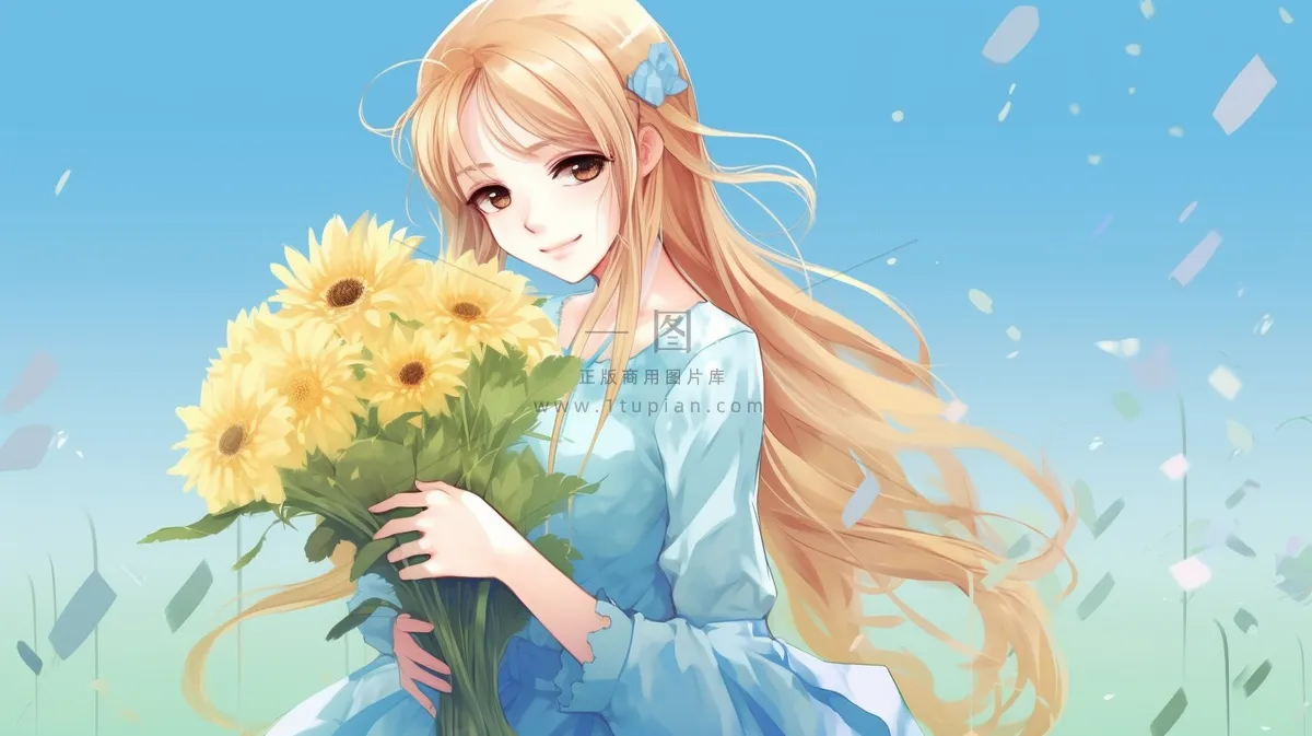 金发少女手捧向日葵花瓣卡通插画素材