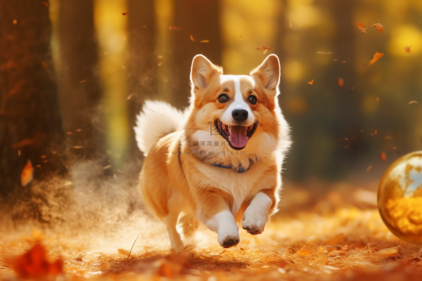 秋天柯基宠物狗在公园里玩耍奔跑摄影图