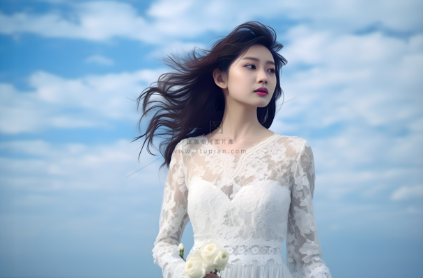 一个美女穿着一件漂亮的白色连衣裙在海边的拍照摄影图