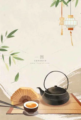夏天树下饮茶休闲中国风小暑大暑端午节插画背景