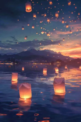 夜晚点灯孔明灯祈福中元节寒衣节插画背景 夜晚点灯孔明灯祈福中元节寒衣节插画背景