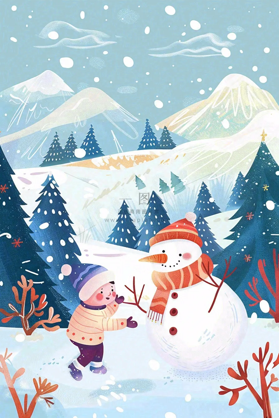 冬天大雪纷飞堆雪人寒冷立冬小雪冬至卡通插画背景