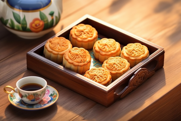 中秋木质托盘餐具上摆放着的月饼和茶壶杯子摄影图