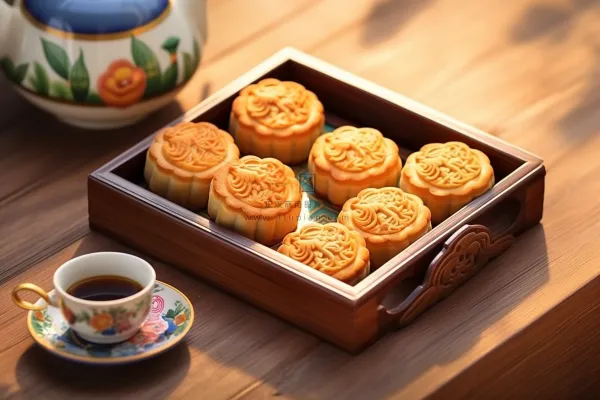 中秋木质托盘餐具上摆放着的月饼和茶壶杯子摄影图