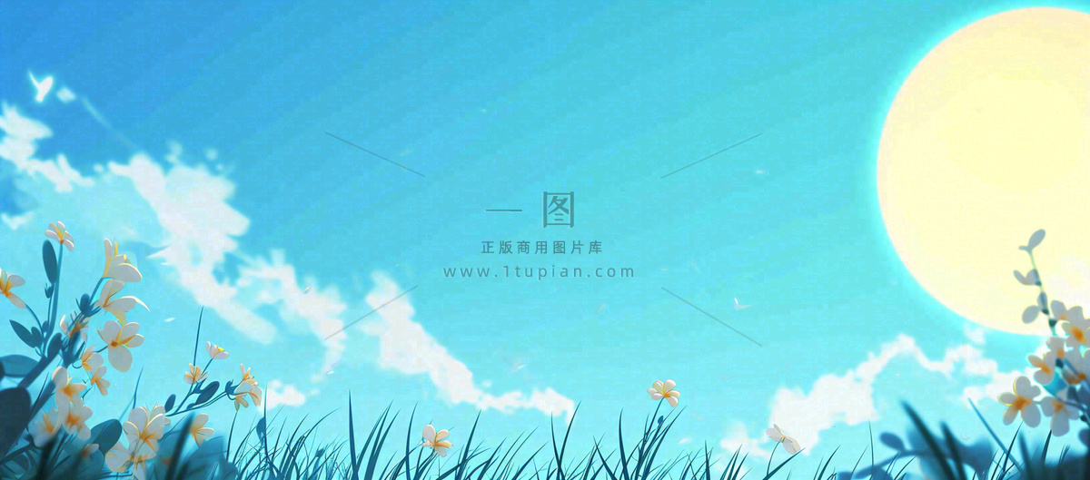 春天清新草地小花蓝天白云,鲜花向阳手绘插画