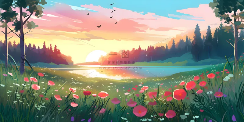 春天夕阳花丛草丛森林手绘插画海报素材背景