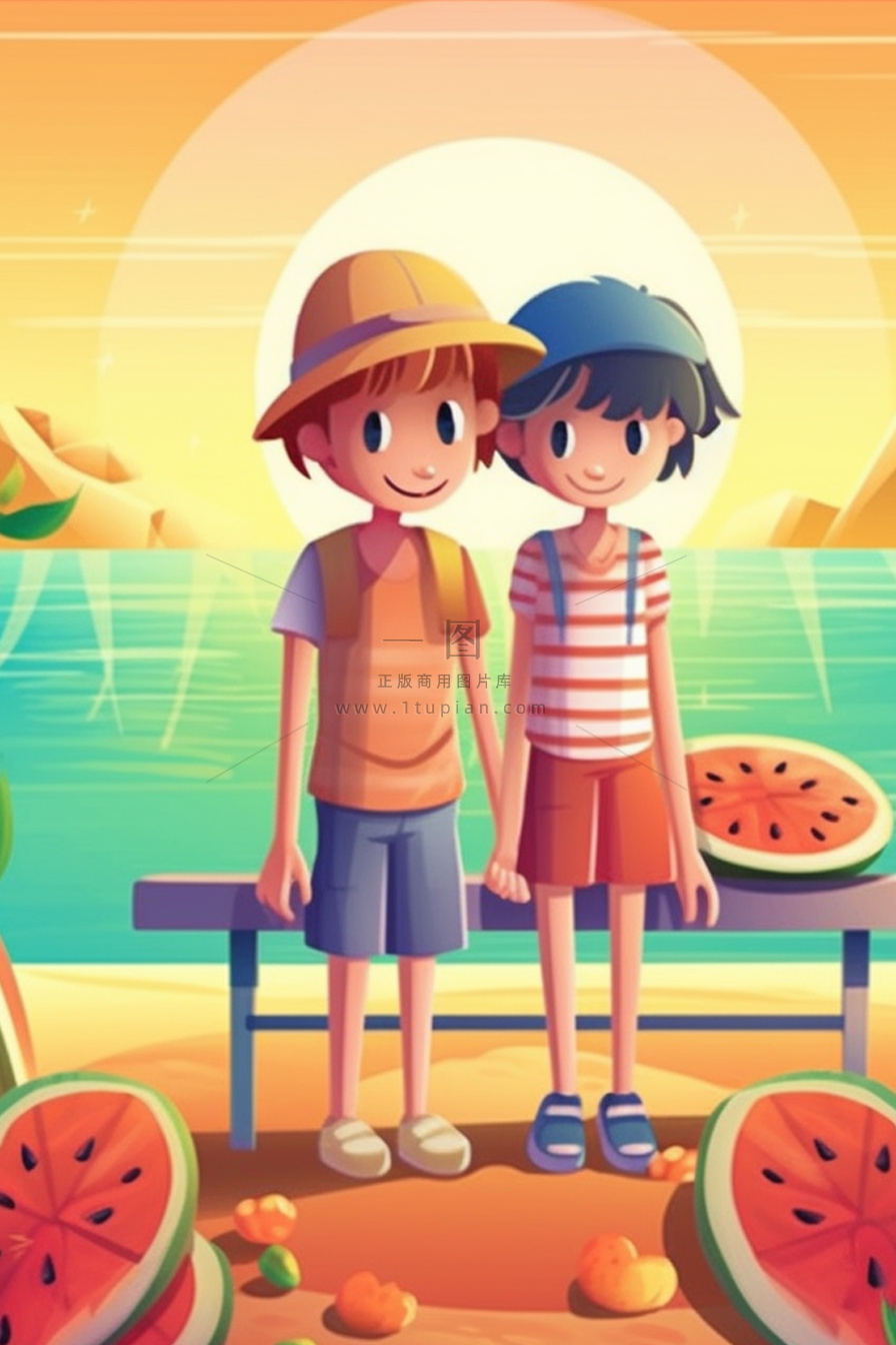 夕阳儿童朋友西瓜玩耍插画背景