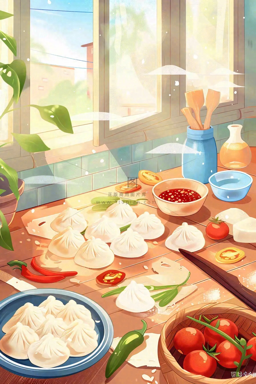 中国传统美食饺子蘸料冬天节日冬至插画背景