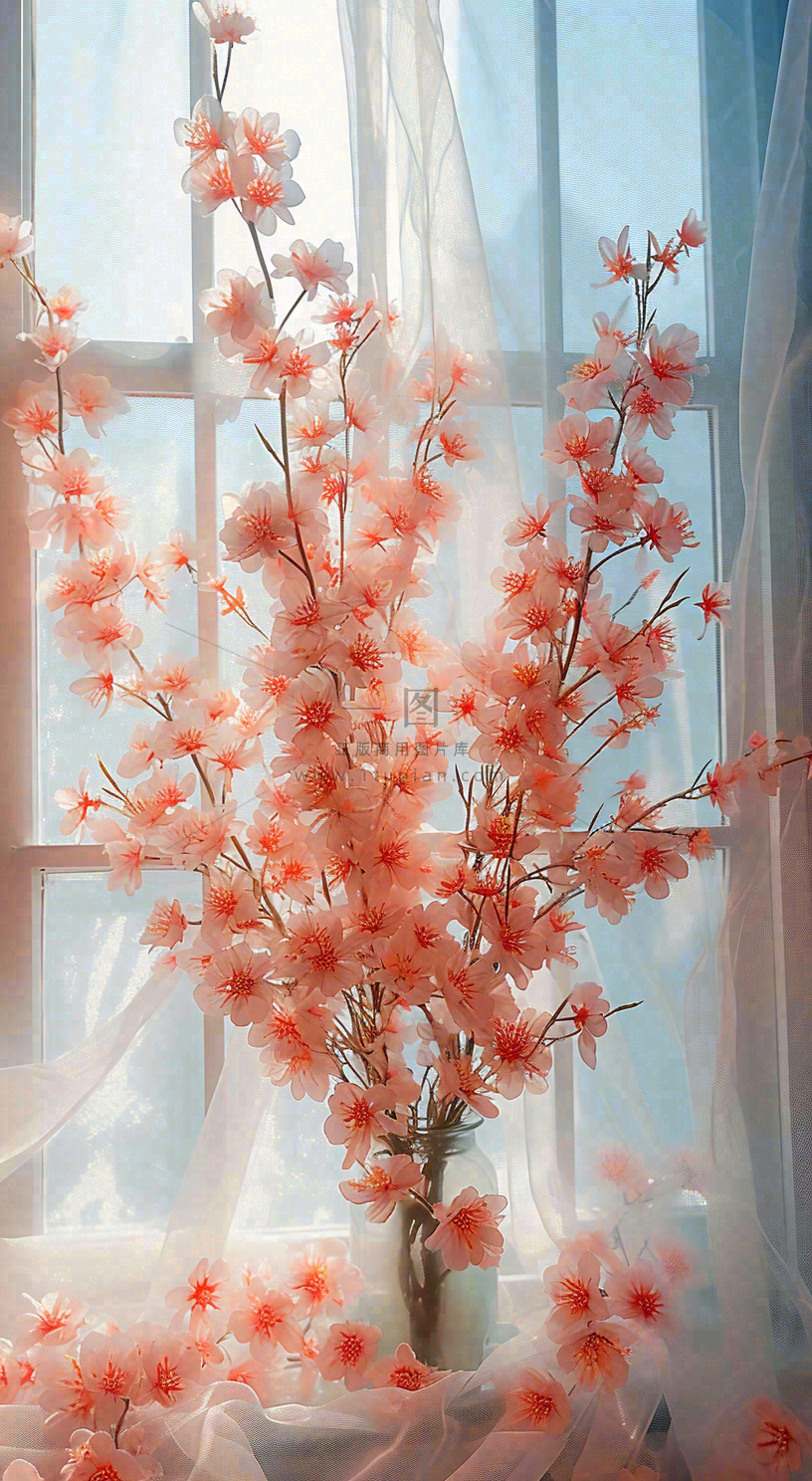 春天窗台花瓶粉色鲜花花束,春分