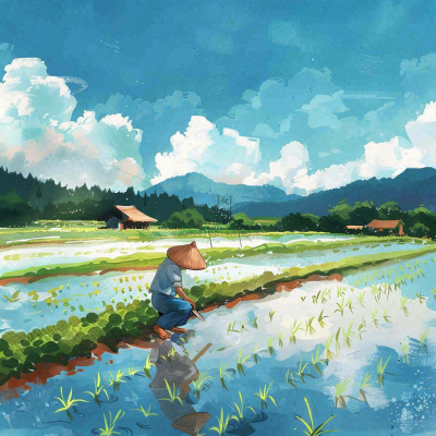 水彩手绘谷雨农夫插秧小满芒种蓝色清新背景插画