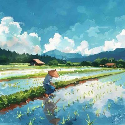 水彩手绘谷雨农夫插秧小满芒种蓝色清新背景插画