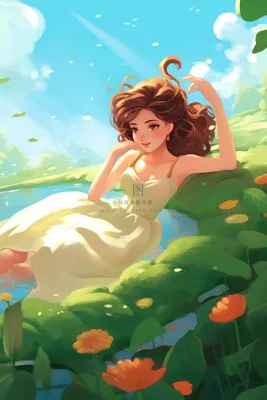 美丽的少女躺着花丛中卡通插画素材