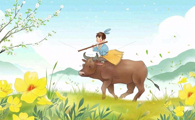 春天孩童放牛吹笛草地花丛出游清明时节卡通插画背景 春天孩童放牛吹笛草地花丛出游清明时节卡通插画背景
