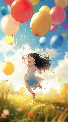 一个可爱的小女孩手里牵着彩色气球在草地上奔跑夏天,儿童节 一个可爱的小女孩手里牵着彩色气球在草地上奔跑夏天,儿童节