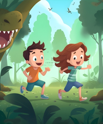 恐龙儿童大自然森林奔跑插画海报素材背景 恐龙儿童大自然森林奔跑插画海报素材背景