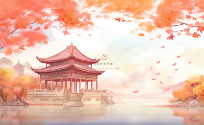 秋季枫叶晚亭山水湖面倒影美景中国风水墨画插画背景 秋季枫叶晚亭山水湖面倒影美景中国风水墨画插画背景