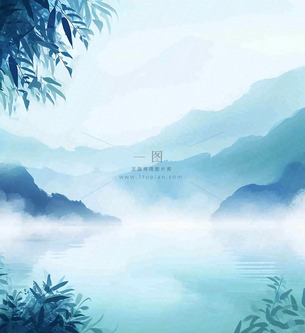 中国风意境湖面山脉云层山水画插画