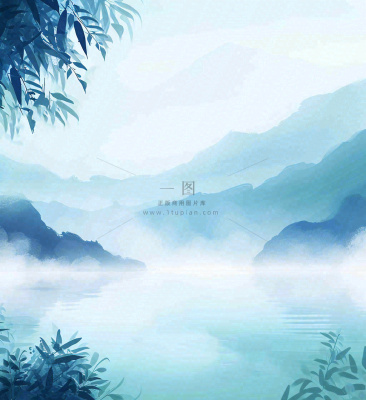 中国风意境湖面山脉云层山水画插画 中国风意境湖面山脉云层山水画插画